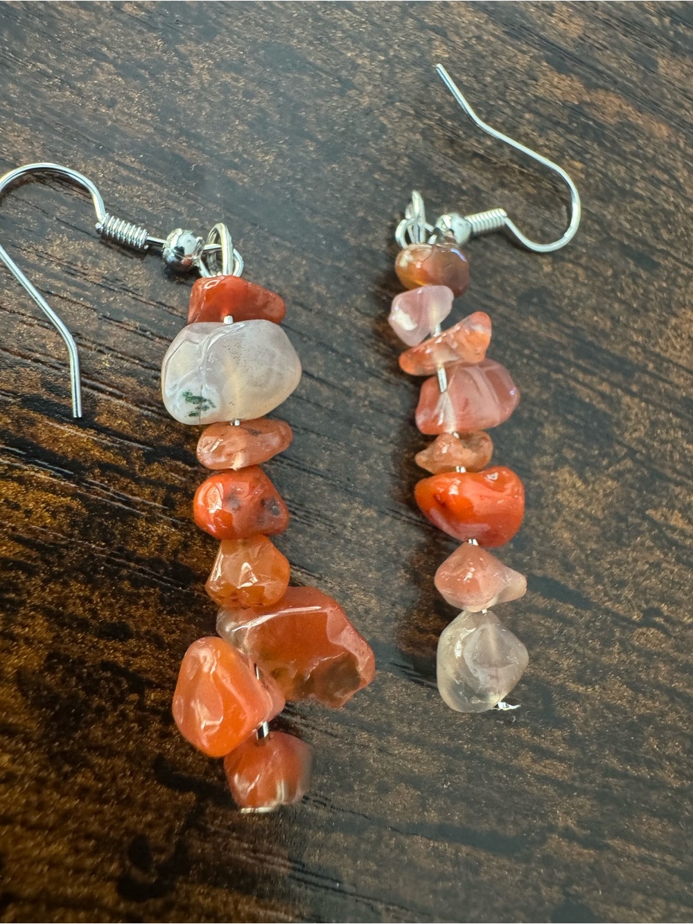 Handmade Coral and red Jasper  Chip Dangle Earrings